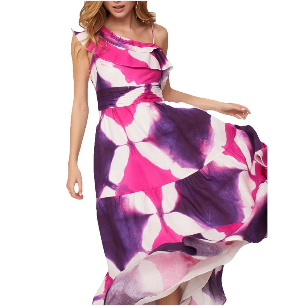 Busayo One Shoulder Maxi Dress 10 Pink Purple White Tie Dye Vacation Summer